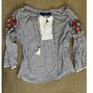 Boho Embroidered Striped Off Shoulder Blouse Top Women XS Whimsical Hippie